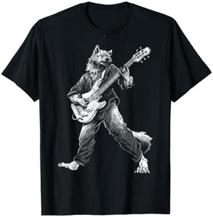 Rocking Wolf with Guitar Rock and Roll Vintage ROCK Music T-Shirt - T-Shirt | Black